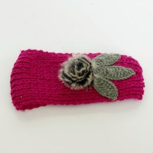 34 Hand Knit Headband with Furry Flower adjustable